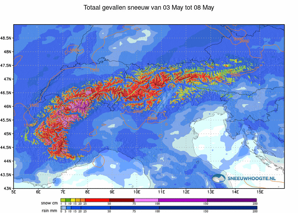 Sneeuwval Alpen afgelopen 5 dagen cumulatief